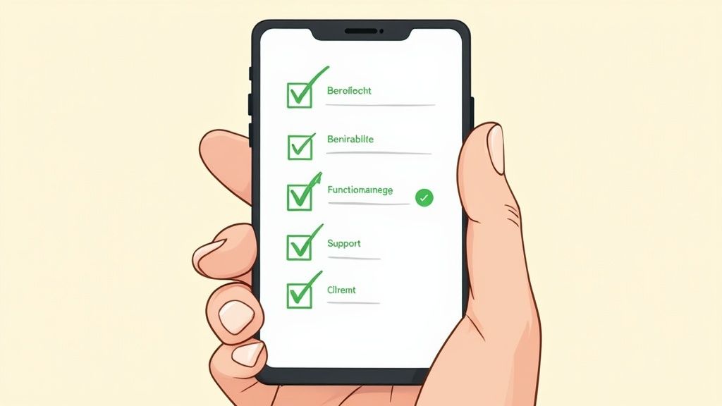 Hand holding smartphone with a temporary worker app showing completed tasks on a green checklist.