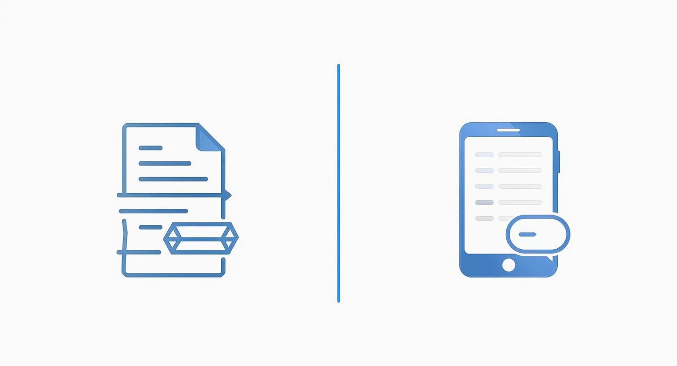 Blue icons: document with data structure and smartphone with chat message for digital processes.