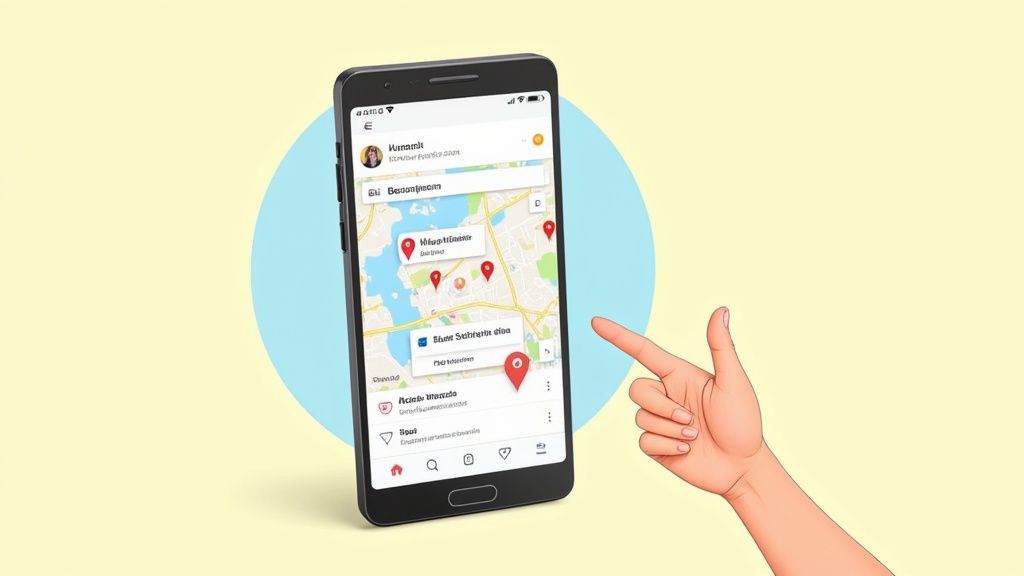 A hand points to a smartphone displaying a map app with relevant locations for temporary workers.