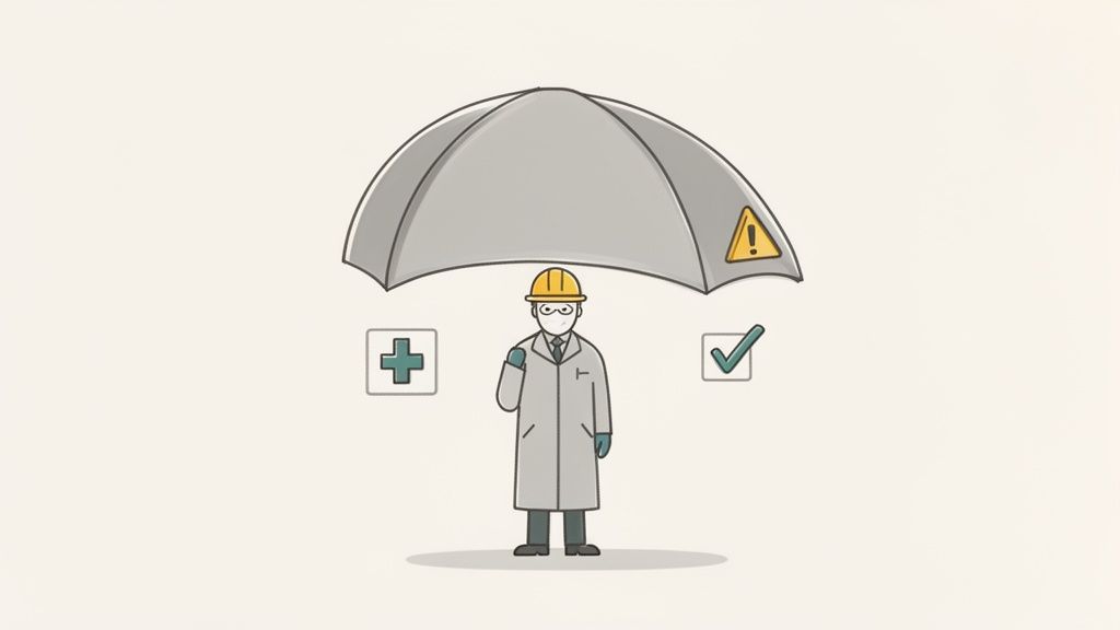 Worker with safety helmet under umbrella, surrounded by health and warning symbols, symbolizing occupational safety and health protection.