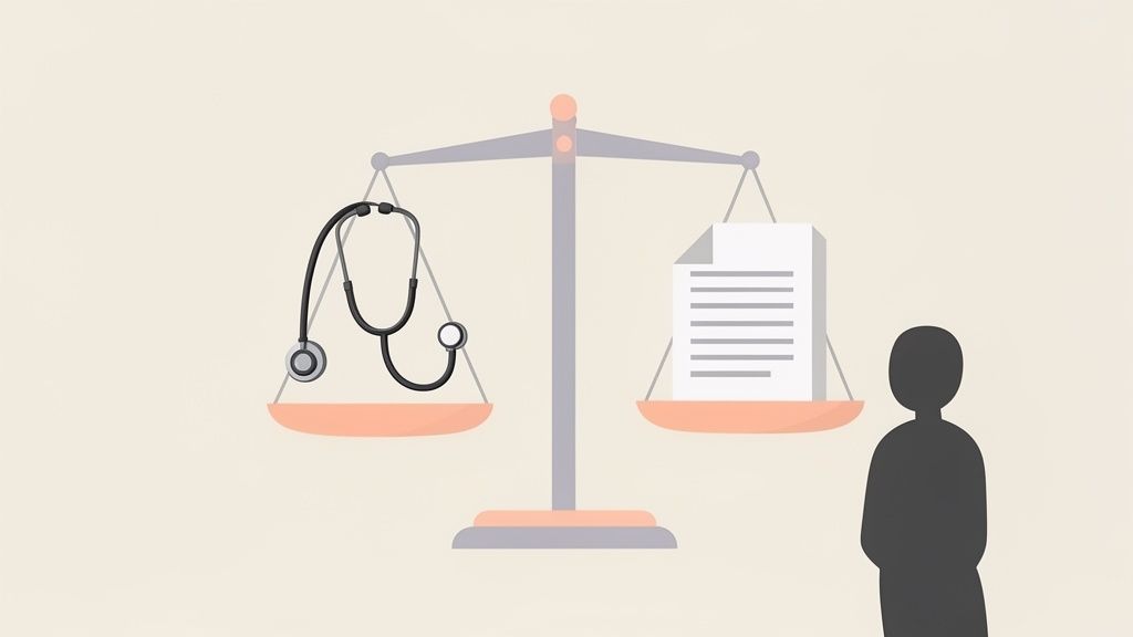 A scale with stethoscope and documents symbolizes the balance between medicine and law, a person observes.