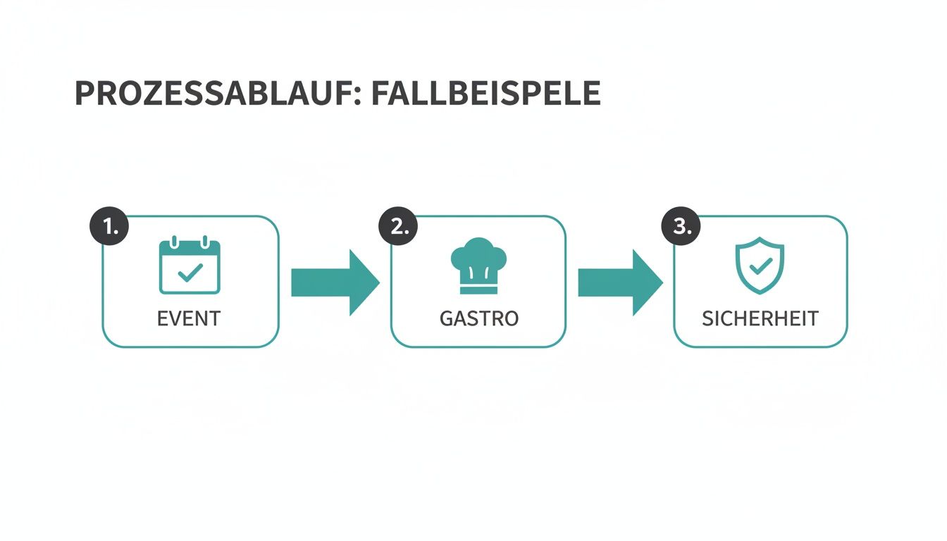 Flowchart showing a three-step process: Event, Hospitality, and Security, with matching symbols.