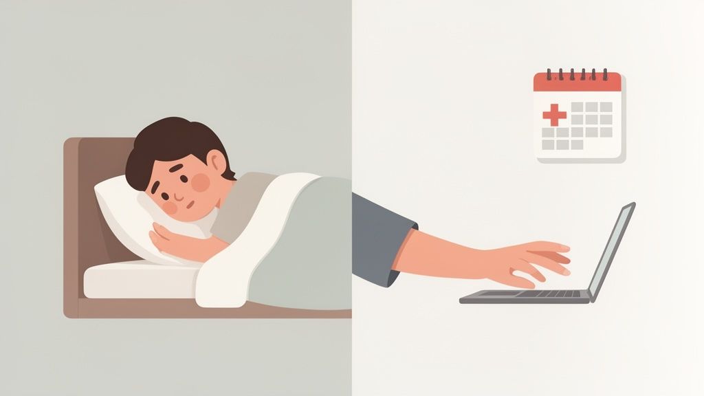 Person sick in bed, next to a hand on a laptop and a calendar with a red cross.