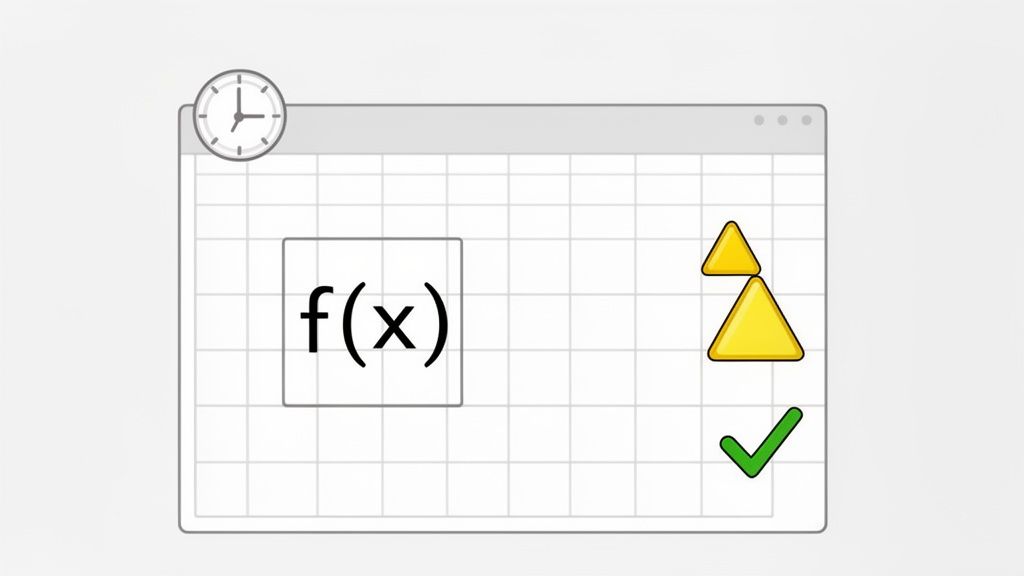 A spreadsheet window showing the formula f(x), a clock, yellow triangles, and a green checkmark, representing planning or functions.