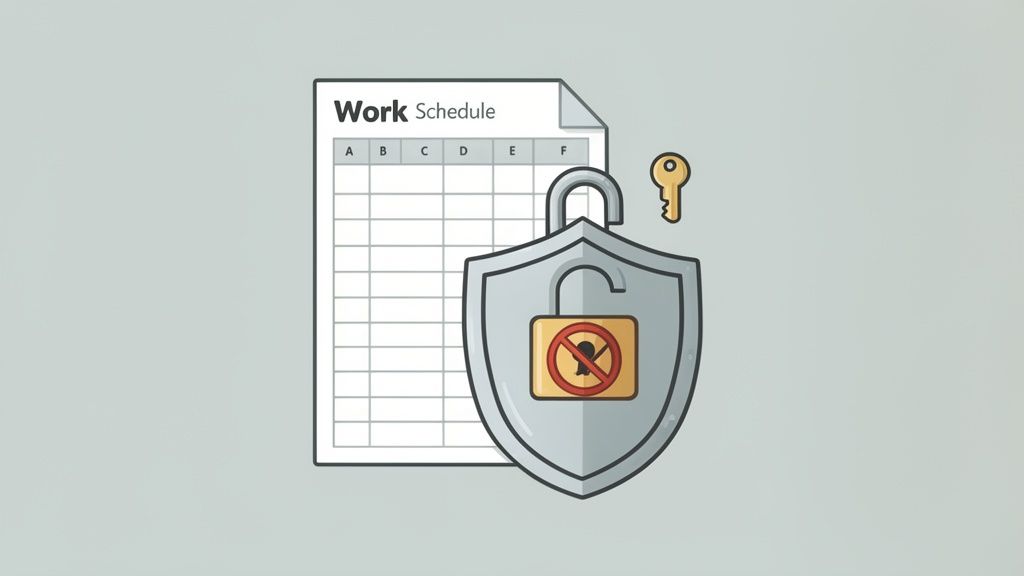 Illustration of a work schedule with a security shield, an open padlock, and a key symbolizing protection.