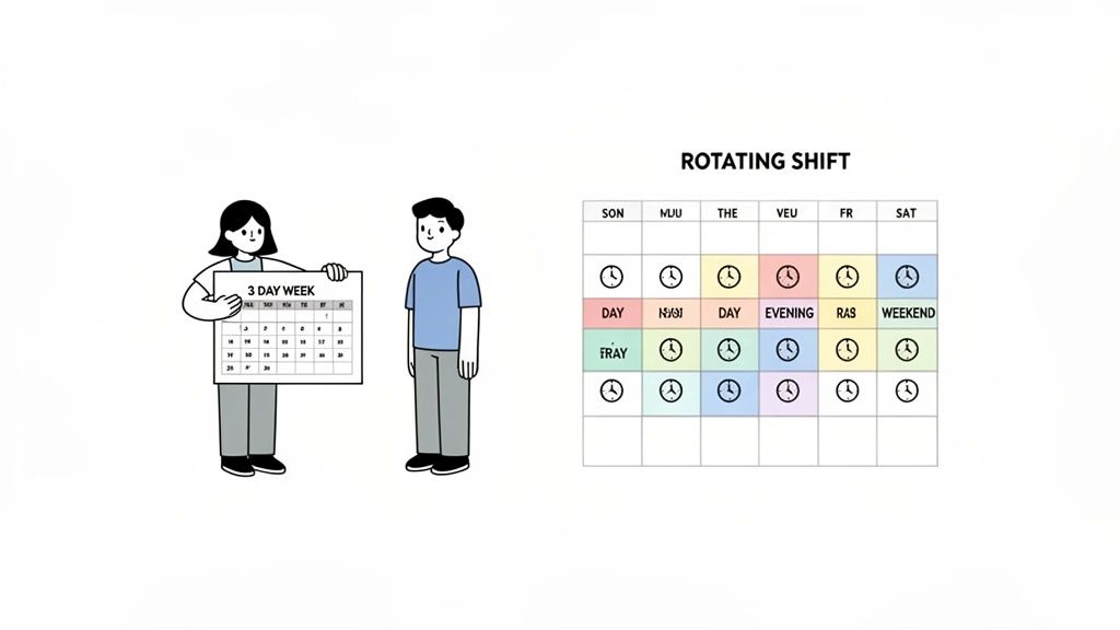 Illustration d’une semaine de 3 jours et d’un planning d’équipes tournant représentant des modèles de travail flexibles.