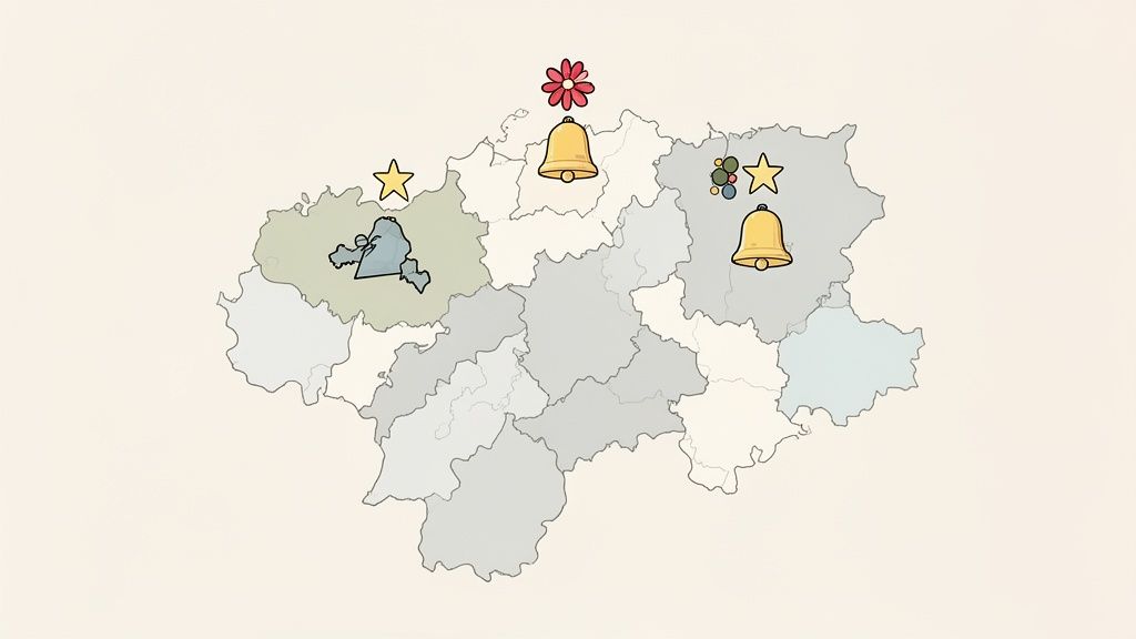 Carte avec des régions stylisées et différents symboles tels que des cloches, des étoiles et un personnage bleu.