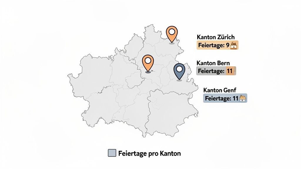 Map of Swiss cantons showing the number of holidays for Zurich, Bern, and Geneva.