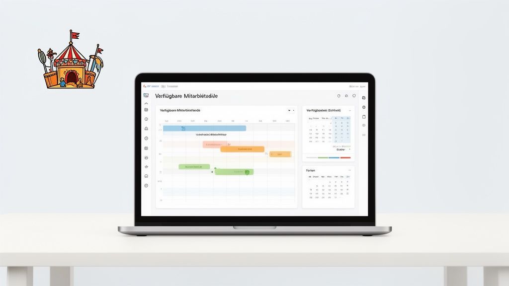 Laptop showing employee planning software with schedules and calendars on a white desk.
