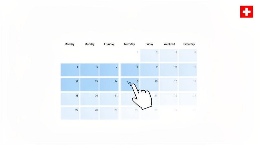 Une main clique sur le 15ème jour d'un calendrier numérique mettant en évidence les jours ouvrables en bleu.