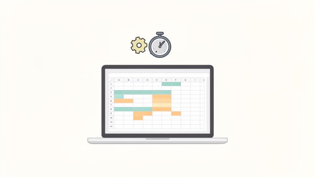 Un ordinateur portable affiche un tableau avec des barres colorées, à côté d'un équipement et d'un chronomètre pour une planification efficace du travail.