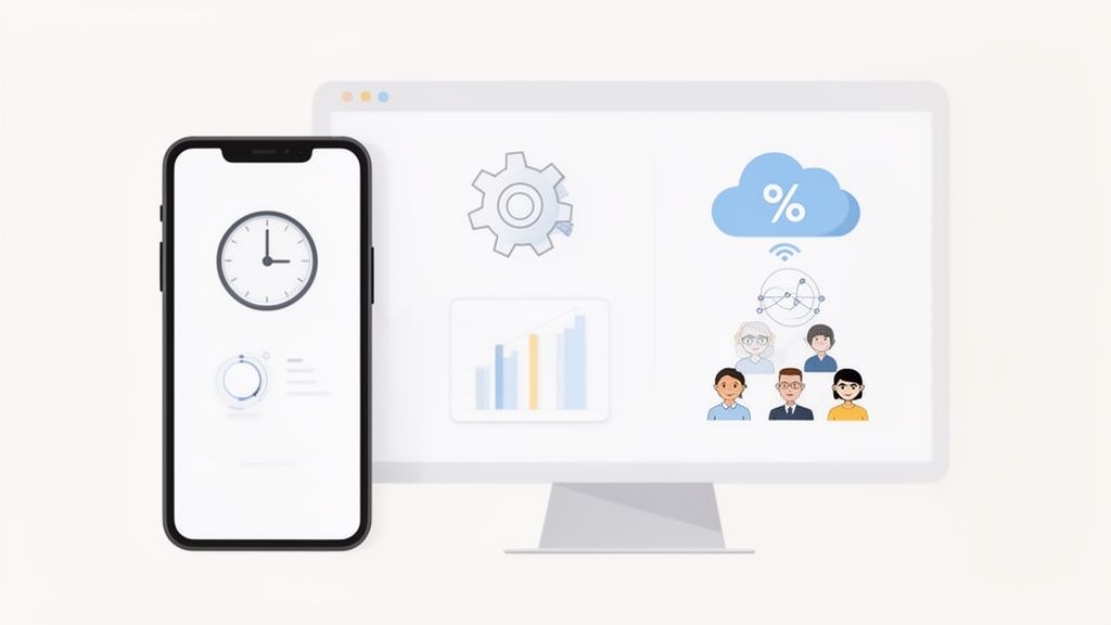 Smartphone with time and monitor with team, cloud and statistics, symbolizing time tracking and collaboration.