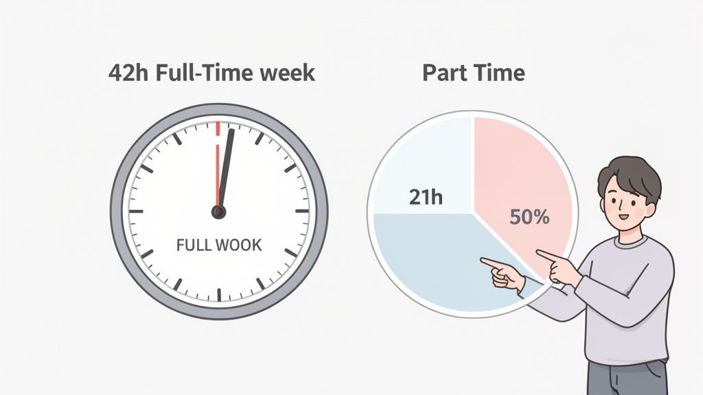 Man explaining part-time (21h, 50%) compared to a 42-hour full-time week with a clock.