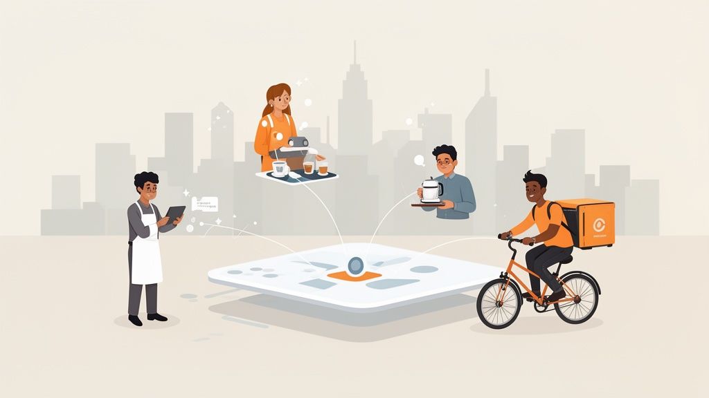 Illustratie van een digitaal platform dat flexibel werk in horeca en bezorging verbindt.