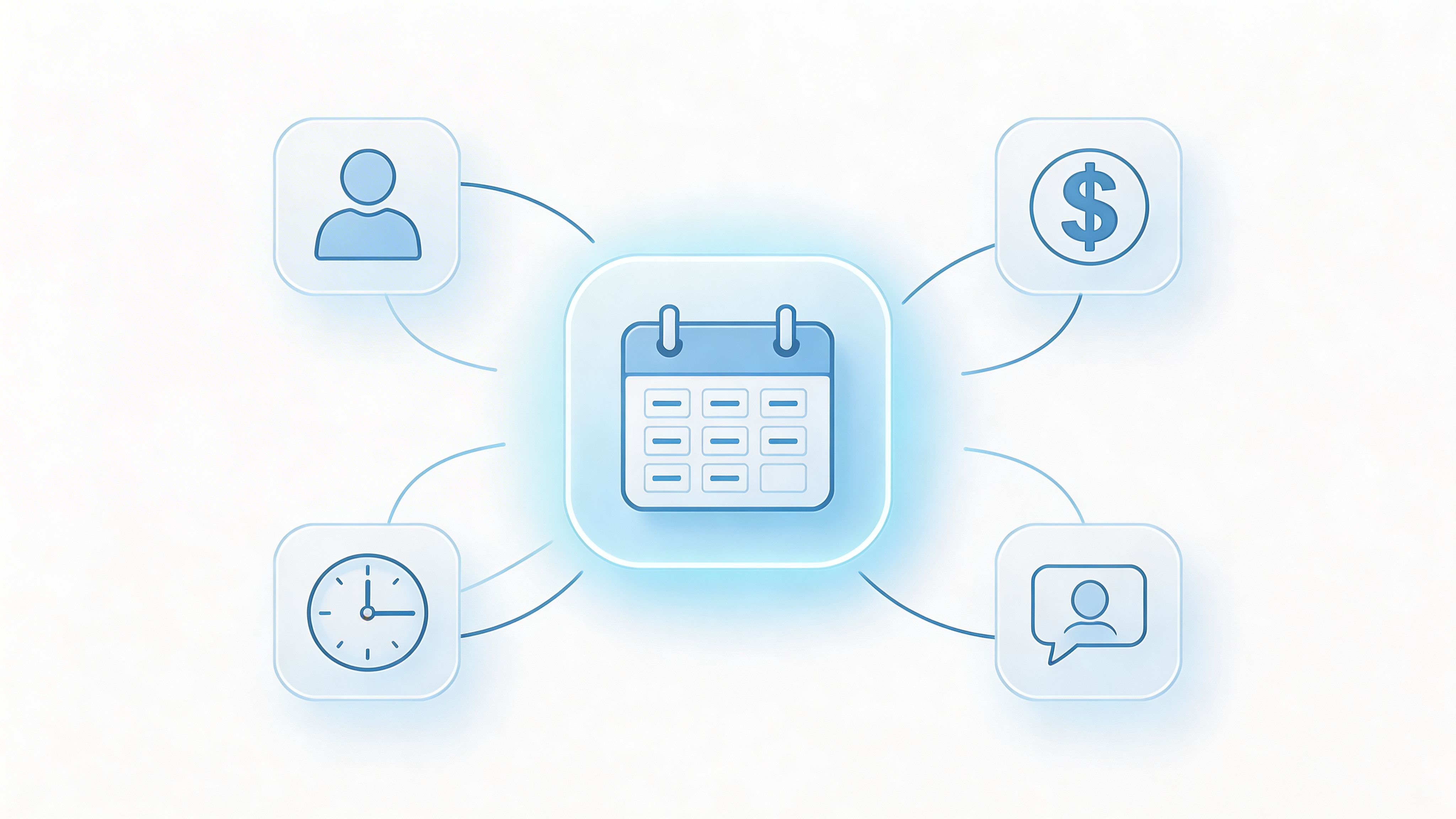 Ein zentrales Kalendersymbol verbunden mit Icons für Personal, Finanzen, Zeitplanung und Kommunikation in einem modernen Design.