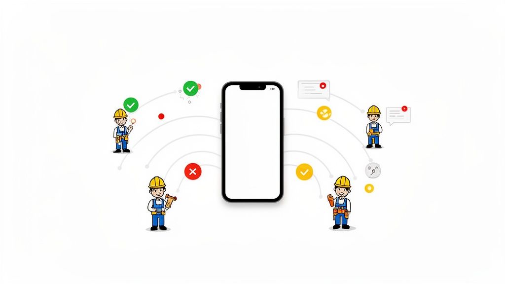 Central smartphone app combines four construction worker caricatures with task and communication symbols.