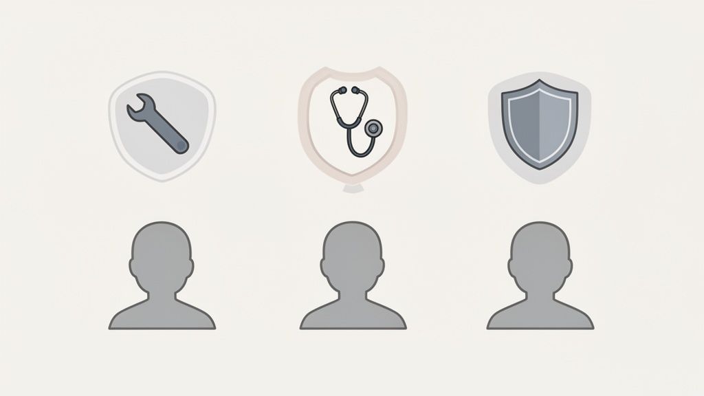 Three icons (wrench, stethoscope, shield) above three generic people placeholders representing different roles.