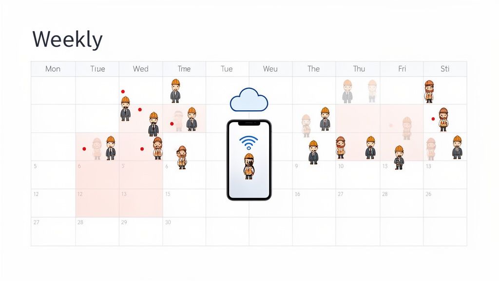 A weekly calendar with small employee symbols that represents digital roster creation and availability checking.