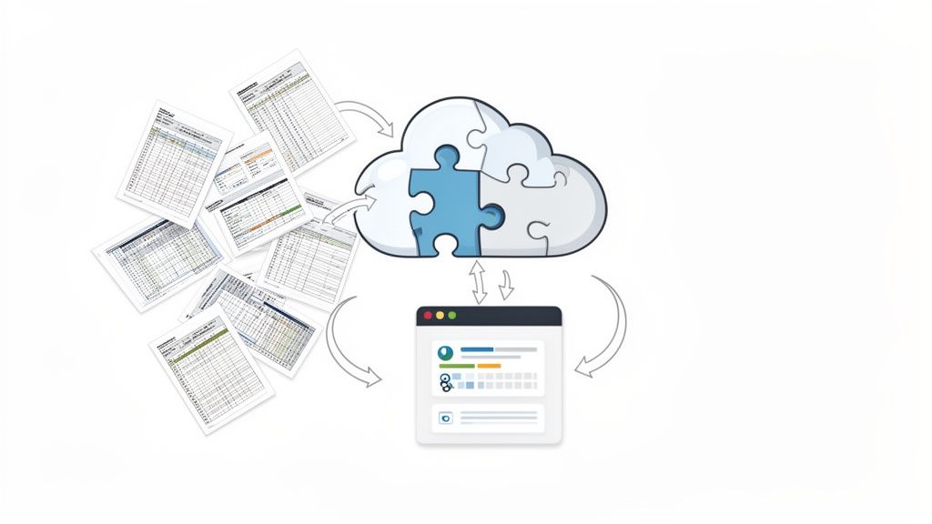 Representation of roster management: Documents are synchronized in a cloud and managed via a web interface.