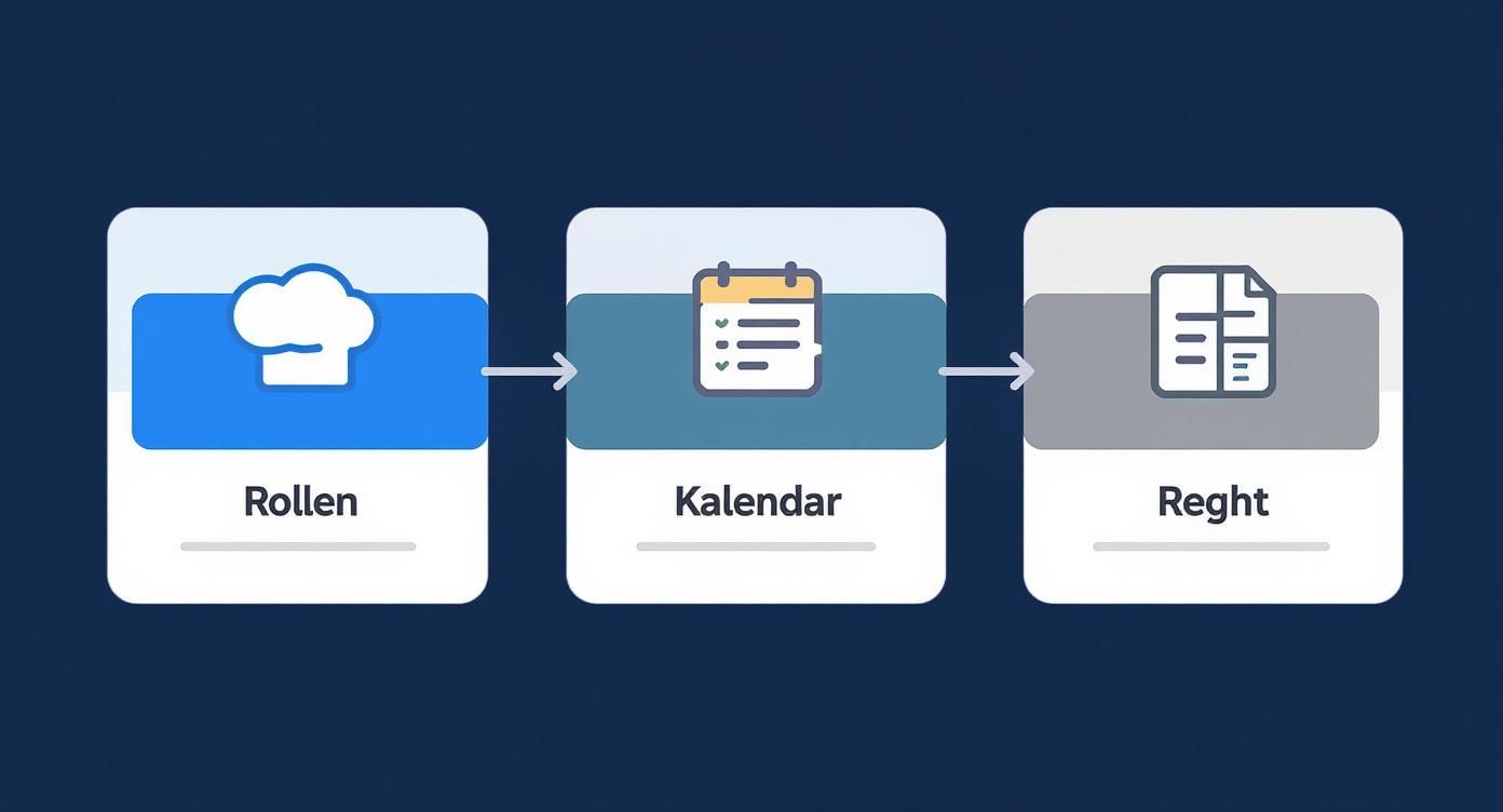 Een stroomdiagram toont drie stappen: Rollen (koksmuts), Kalender (afsprakenlijst) en Reght (document) met pijlen ertussen.