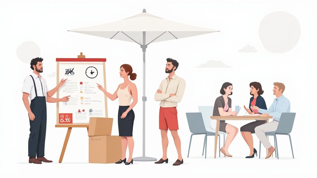 Zakelijke bijeenkomst buiten: twee mensen presenteren op het whiteboard terwijl anderen aan tafel discussiëren.