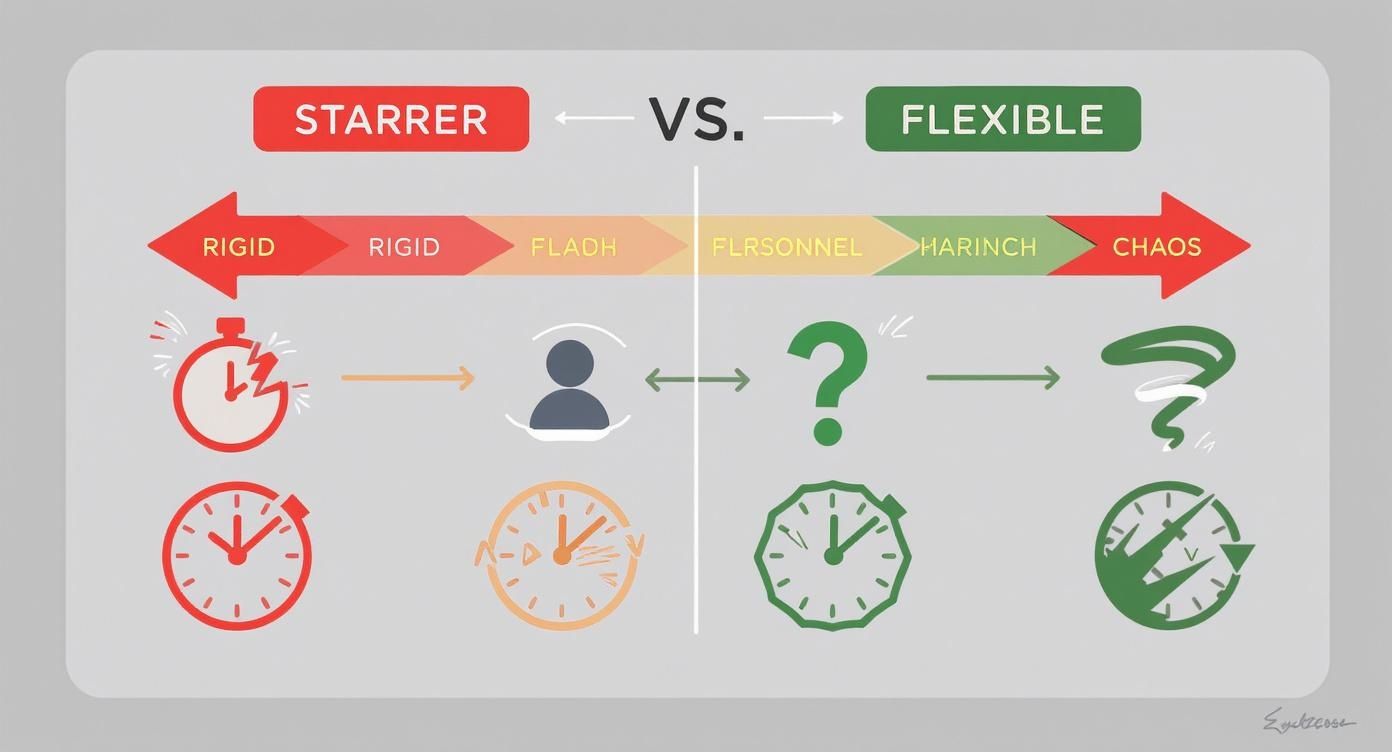 Comparison graphic between rigid and flexible personnel planning with time clocks and symbols for work organization