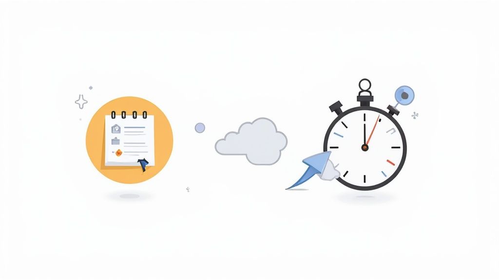 Illustrations show roster documents and stopwatches, symbolizing efficient planning of flexible working hours in the company