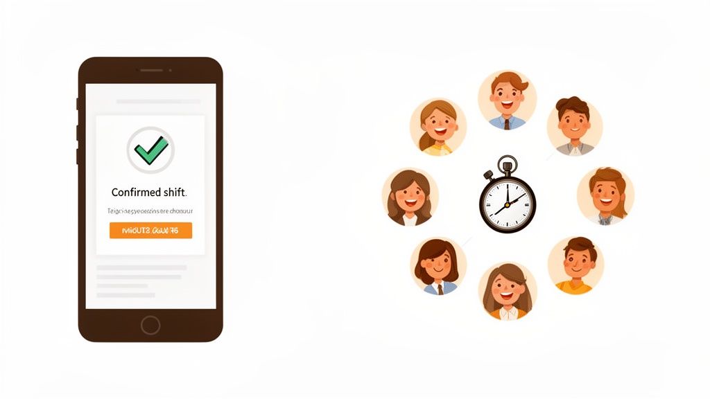 Le smartphone affiche un changement confirmé. Un groupe d'employés entoure un chronomètre, représentant la planification des effectifs.