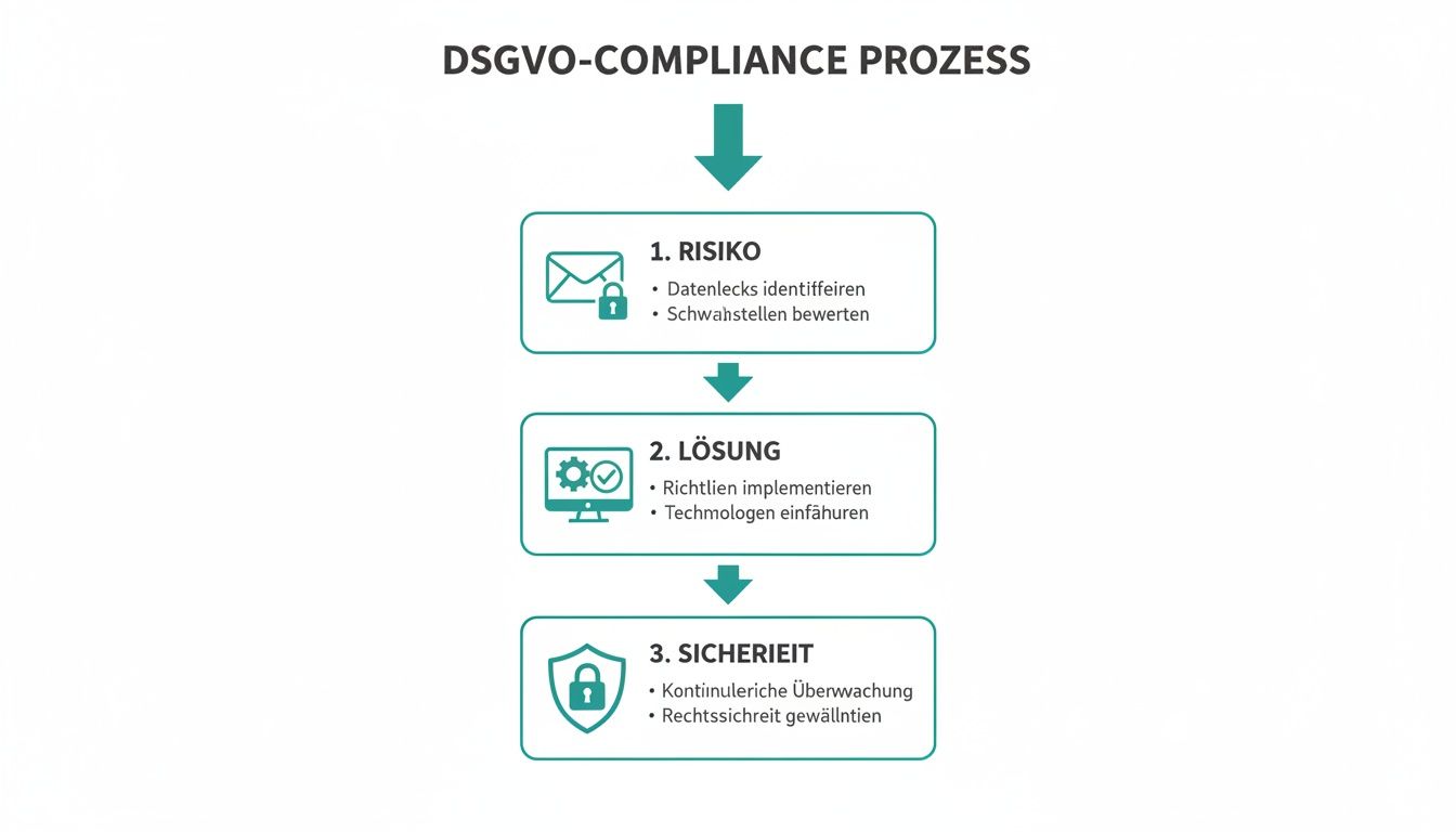 Un organigramme présente le processus de conformité au RGPD en trois étapes : identifier les risques, mettre en œuvre la solution et assurer la sécurité.