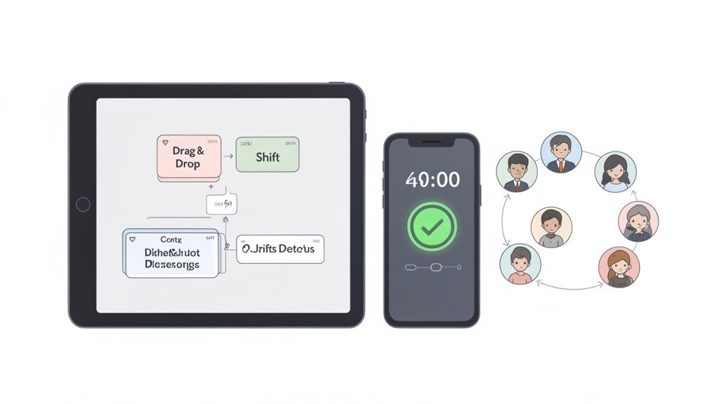 Outils RH digitaux : tablette avec organigramme, minuteur sur smartphone et réseau de collaborateurs connectés.