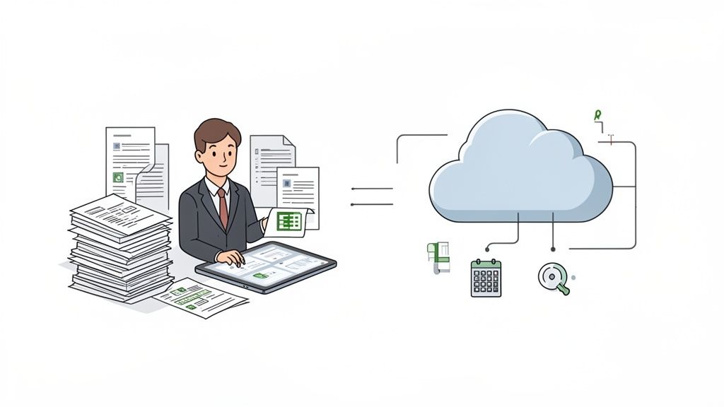 Un homme numérise des documents et travaille avec une solution cloud pour la gestion des ressources humaines et l'accès aux données.