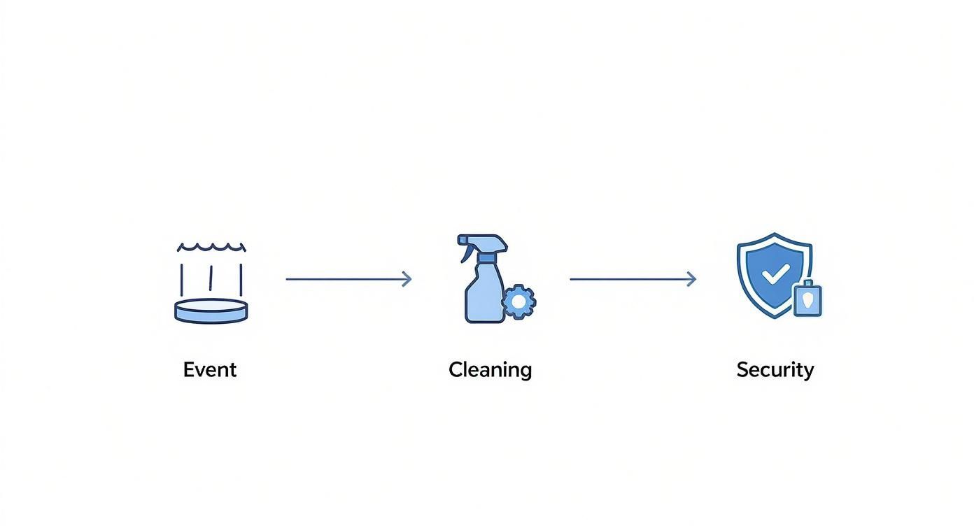 Un diagramma di flusso mostra il processo da un evento alla pulizia fino alla sicurezza, rappresentato da icone appropriate.