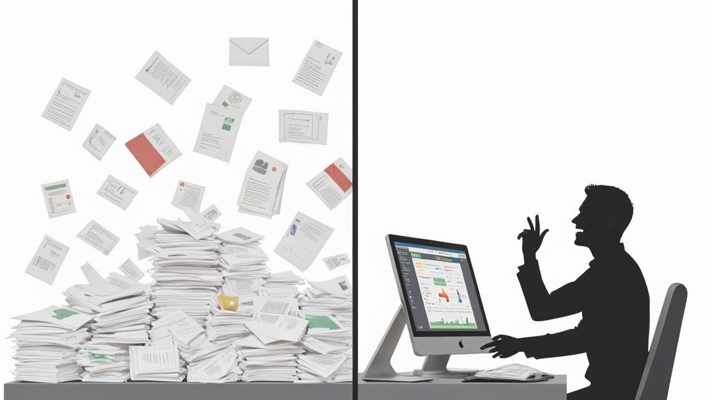 Confronto: montagne di carta a sinistra, un computer con un efficiente software di pianificazione e un dipendente soddisfatto a destra.