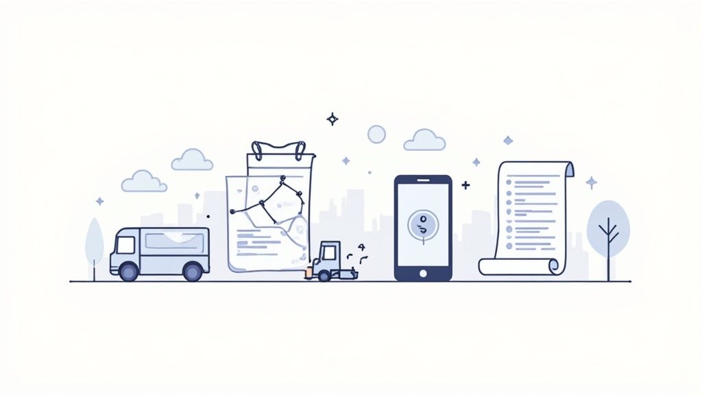 Illustrazione dei processi logistici con camion, analisi dati, smartphone e lista delle cose da fare in ambiente urbano.
