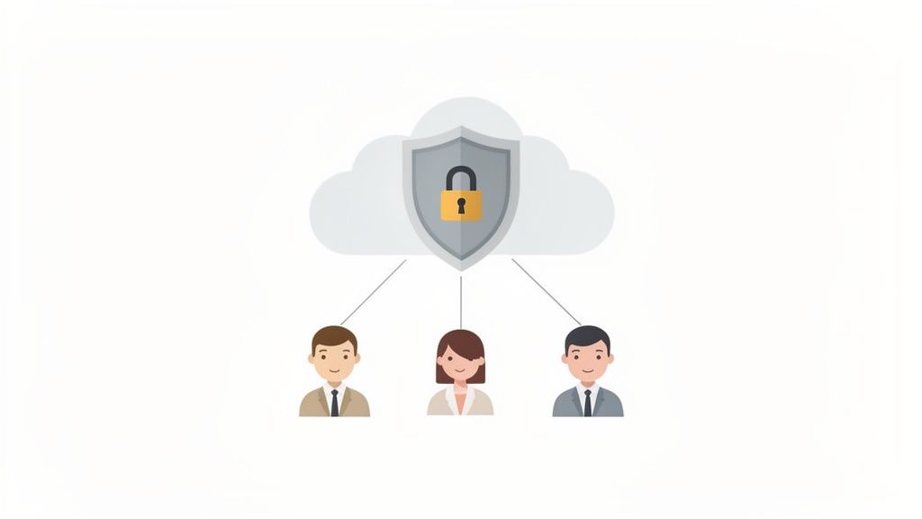 Illustration of three people securely accessing a cloud protected with a lock.