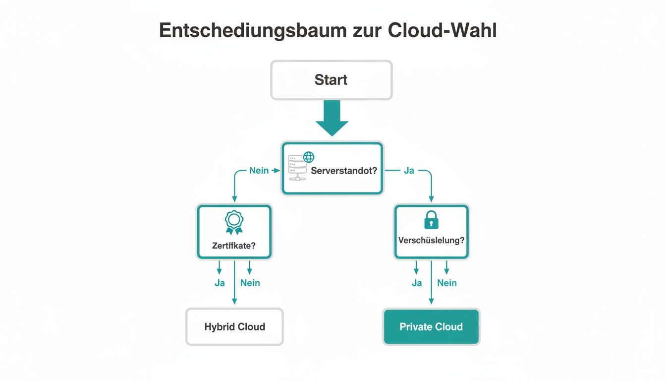 Cloud choice decision tree that considers steps such as server location, certificates and encryption to find the right cloud solution.