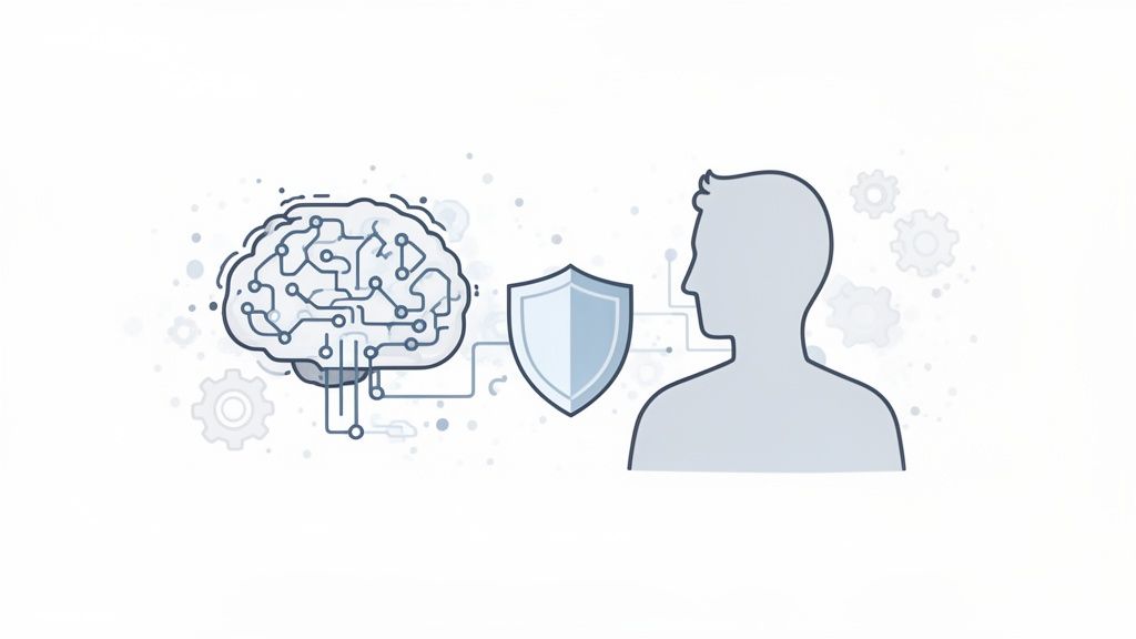 Illustration: A brain symbol connected to a person via a shield symbolizes privacy and security.