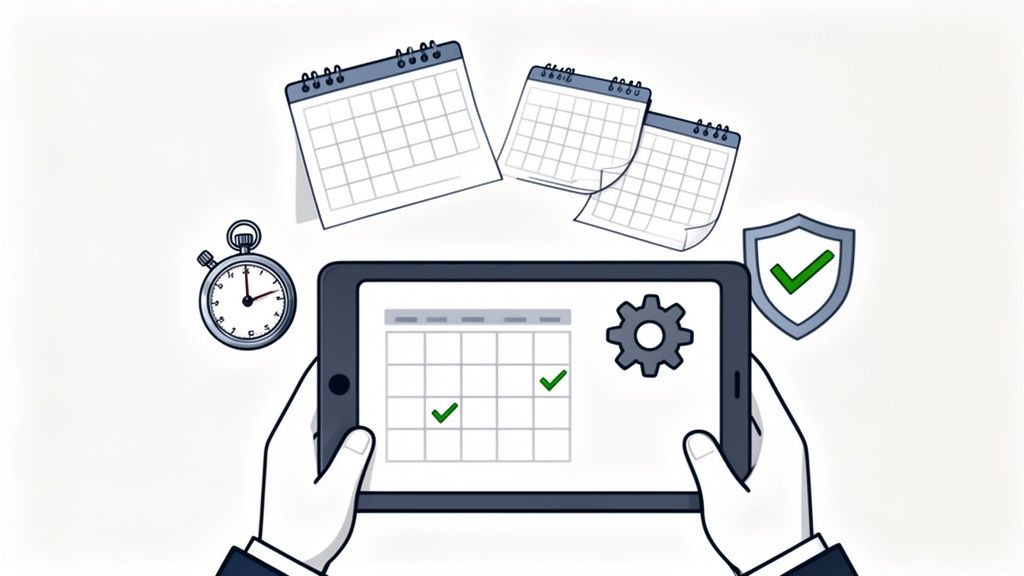 Person holding a tablet with calendar and completed tasks.