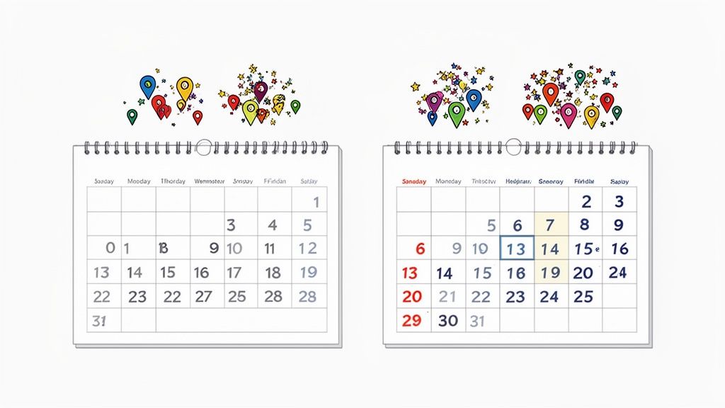 Colourful calendars representing planning and workdays.