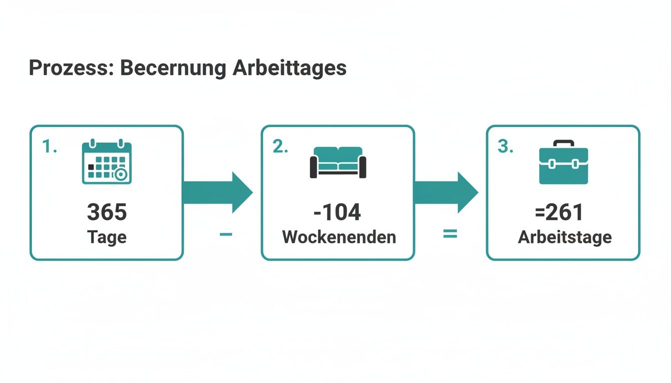 Infographic: 365 days minus 104 weekends equals 261 working days.
