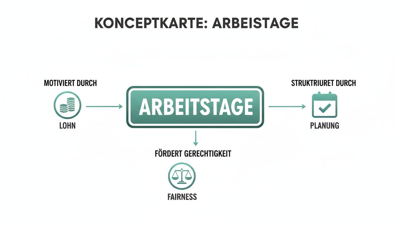 Conceptkaart over werkdagen, gemotiveerd door loon, gestructureerd door planning en bevordering van gelijkheid/billijkheid.
