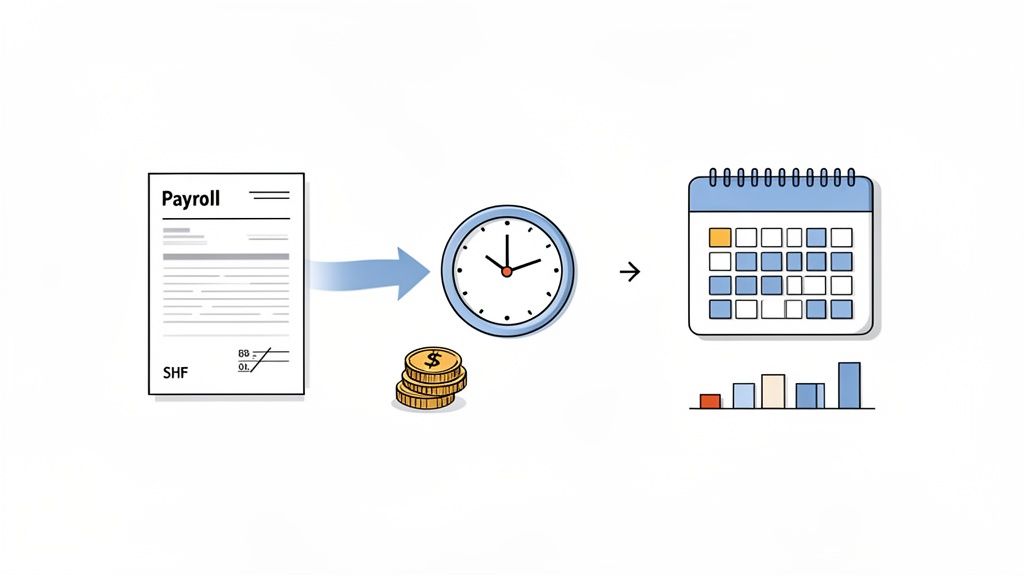 Procesdiagram toont salarisadministratie, werkuren, geld en een kalender met data-analyse.