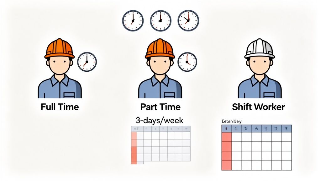 Vertegenwoordiging van fulltime-, parttime- en ploegenarbeiders met klokken en kalenders om de werktijden te illustreren.