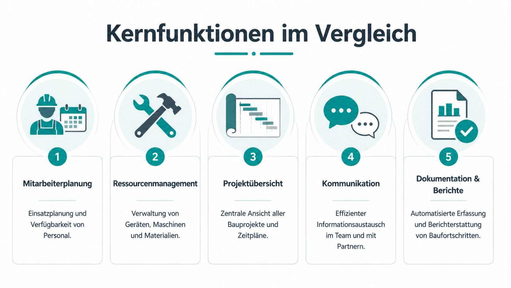 Infographic comparing the five core functions for construction planning software such as employee scheduling, resource management, project overview, communication and documentation.