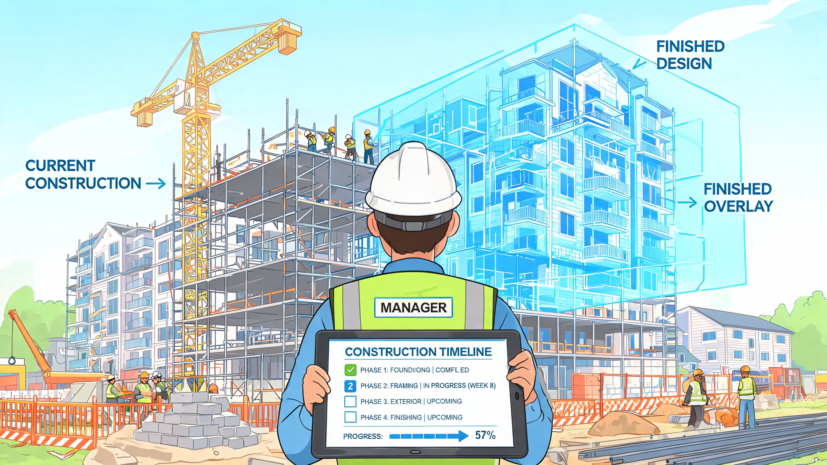 A construction manager holds a tablet with a schedule in front of a construction site with a digital building design.