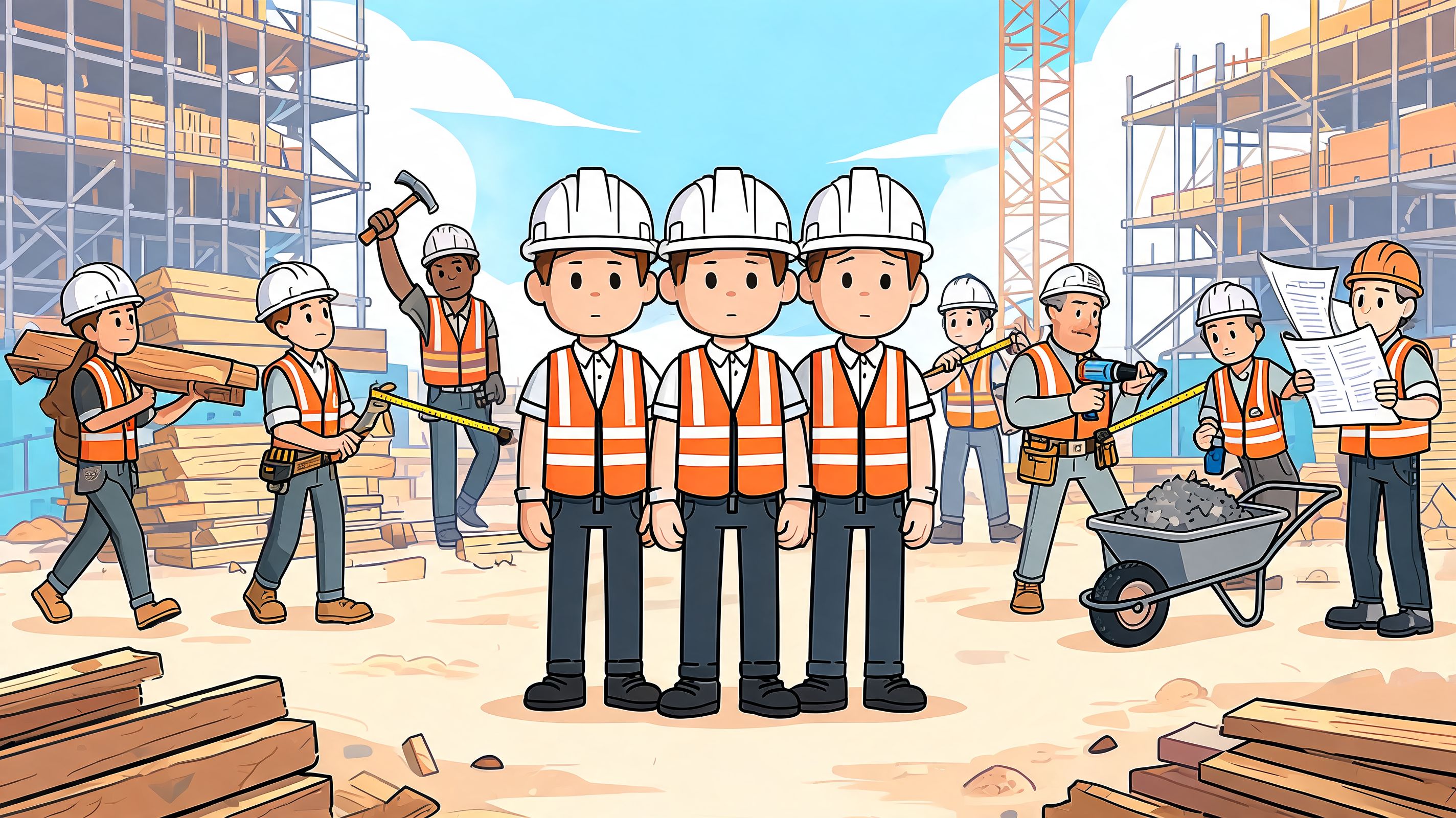 A team of construction workers and engineers work together on a construction project at an active construction site.