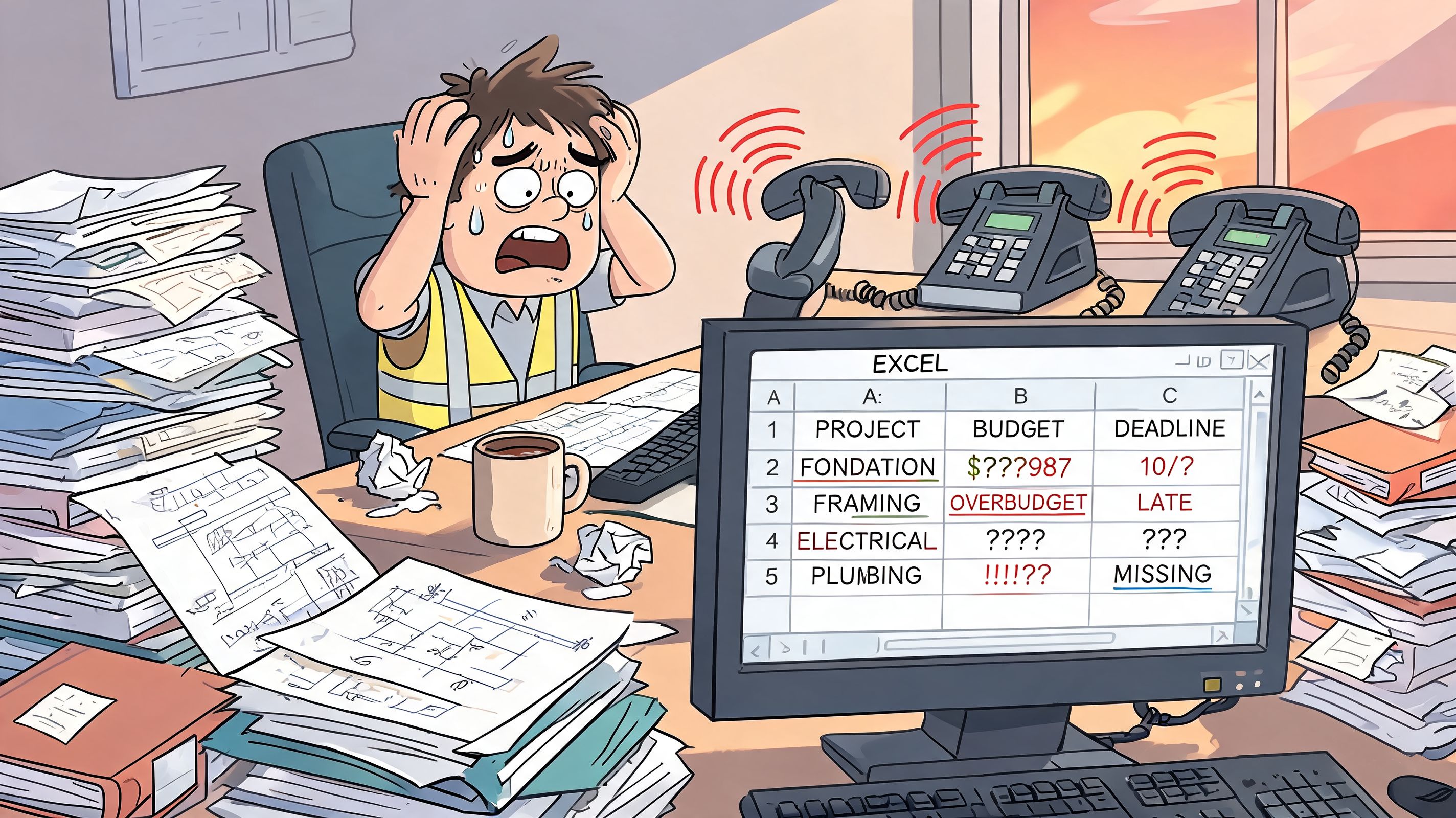 A stressed construction manager sits at his desk in front of mountains of paperwork and ringing phones in the office.