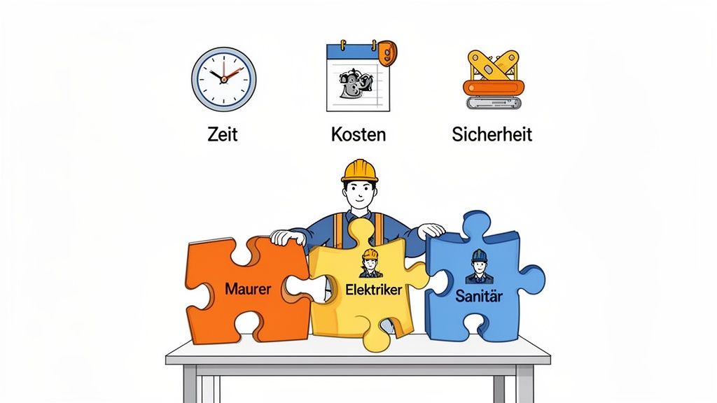 Bouwvakkers met puzzelstukjes (metselaar, elektricien, paramedicus) en symbolen voor tijd, kosten, veiligheid.