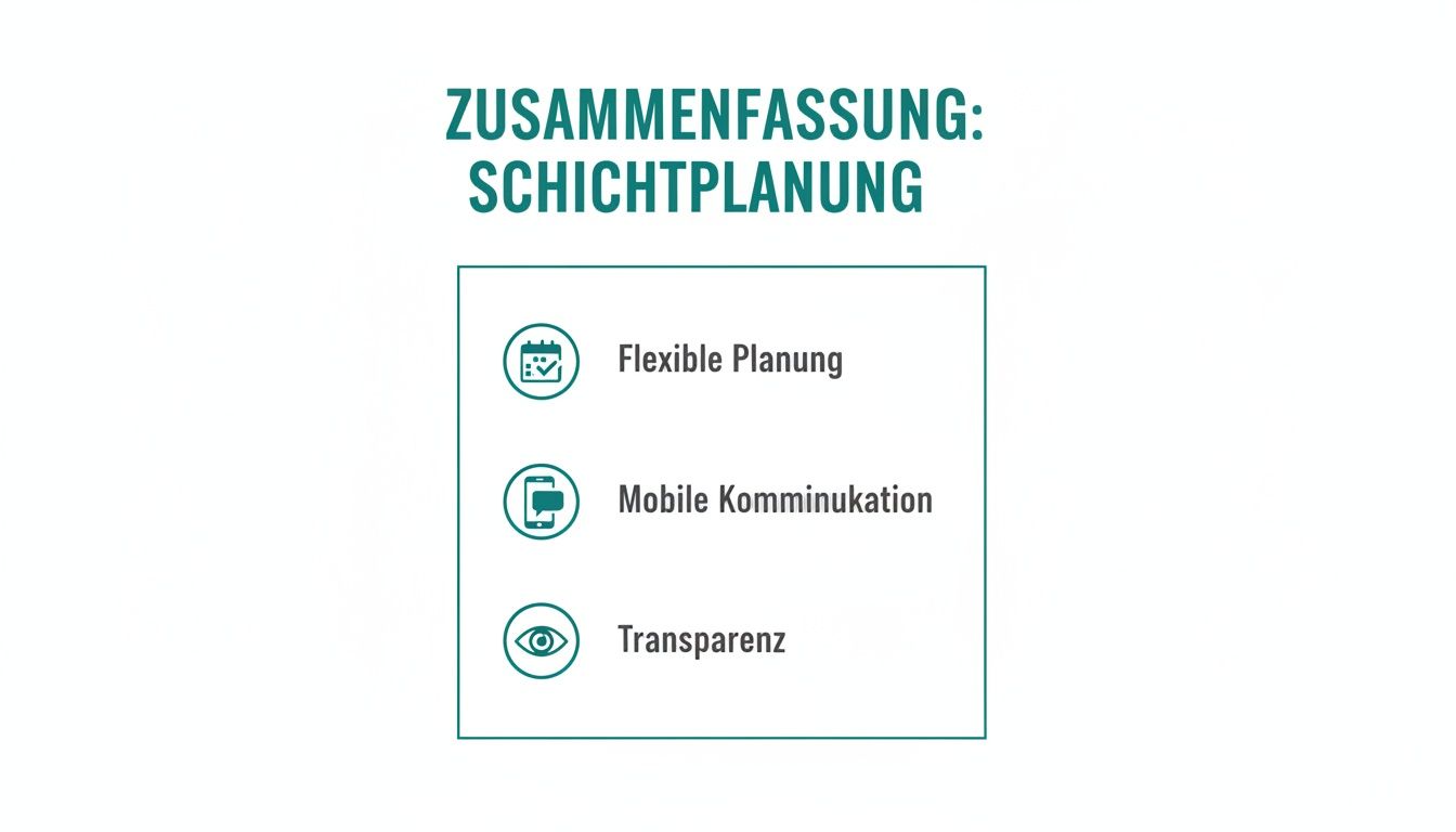 Samenvatting van de ploegendienstplanning gepresenteerd met flexibele planning, mobiele communicatie en transparantie.
