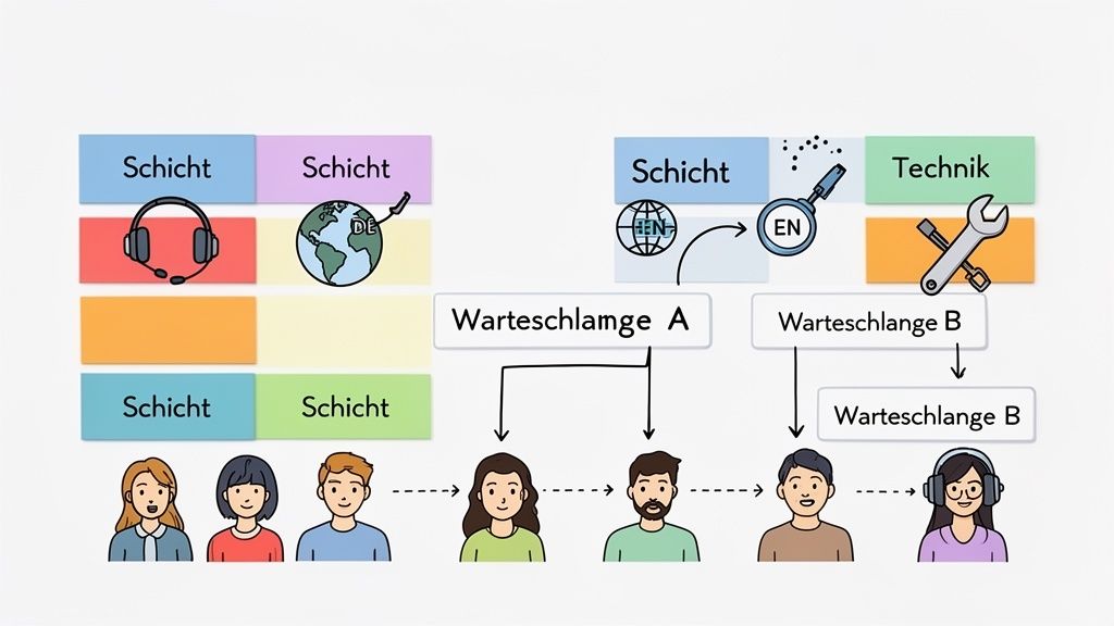 Infografik zur Einsatzplanung im Callcenter, zeigt Schichten, Warteschlangen für verschiedene Sprachen und Agenten.